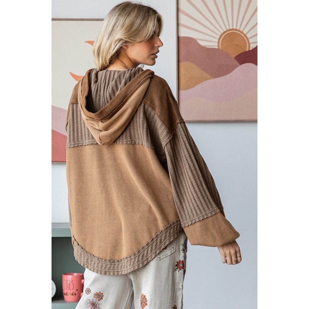 Oli & Hali Camel + Chocolate Two Tone Oversized Hooded Henley Pullover - Picture 5 of 7